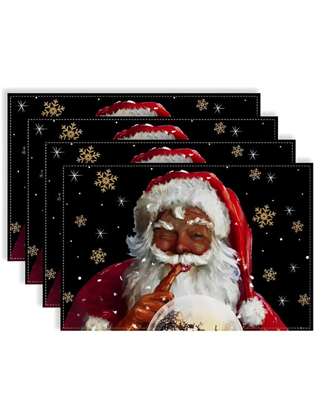 Linen African American Christmas Placemats Set of 4 Black Santa -12×18''